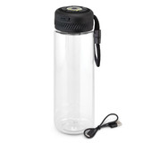 A drink bottle made of clear plastic with a black cap, featuring a logo and a USB charging cable.