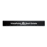 A 30cm black ruler featuring white measurement markings and a logo. Ideal for office and business use.