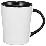 A ceramic mug with a white exterior and a black interior and handle, featuring a smooth design and a logo.