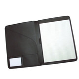 A black A4 pad cover with a lined notepad and a side pocket for business cards. Features a logo on the front.