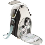 A black and grey picnic bag with wine bottles, glasses, napkins, and utensils inside. It features a logo.