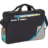 A black laptop bag with a grey side panel, featuring handles, an adjustable strap, and a mesh pocket.