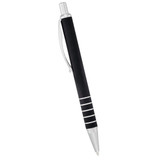 A sleek black ballpoint pen with silver accents and a branded logo on the barrel.