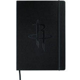 A black bound journal with an embossed logo on the cover and an elastic closure.