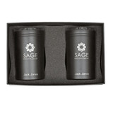 A gift box containing two black tumblers with a logo, placed in a protective foam insert.