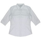 A light green and white striped button-up shirt with 3/4 sleeves and a collar. It features a logo on the design.