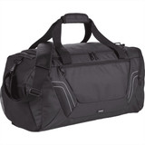 A black travel duffel bag with multiple compartments, handles, and a shoulder strap. Features a logo.