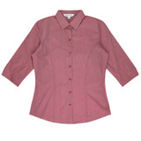 A button-up shirt with 3/4 sleeves in a light red colour, featuring a collar and a logo.