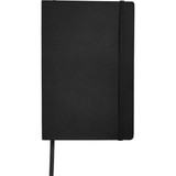 A black soft bound journal with an elastic band and ribbon bookmark, featuring a logo on the cover.