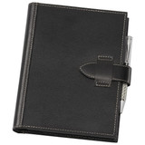 A5 journal cover in black leather with a pen attached, featuring stitching details and a clasp closure.