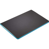A Colour Pop Saddlestitch JournalBook with a black cover and turquoise accents, featuring a logo.