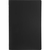 A black bound journal with a solid saddlestitch design, featuring a logo on the cover.