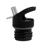 A drink bottle cap in black with a spout and clear plastic cover, designed for easy pouring.