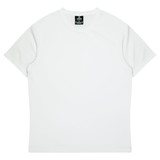 A white t-shirt with short sleeves and a round neckline, featuring a label inside.