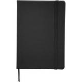 A black 5 x 7 snap elastic closure notebook featuring a matching elastic band. It includes a ribbon bookmark.