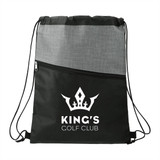 A grey and black drawstring bag with a zippered pocket, featuring a logo.