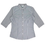 A black and white checked button-up shirt with 3/4 sleeves and a collar, featuring a subtle logo.