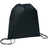 A black non-woven drawstring sportpack with a cinch closure and matching drawstrings, featuring a logo.