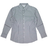 A long-sleeve button-up shirt featuring a black and white check pattern, with a collar and a logo.