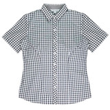 A short-sleeve button-up shirt featuring a black and white gingham pattern and a collar. It has a logo on the label.