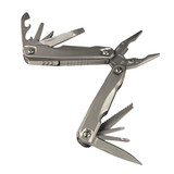 A silver multitool featuring pliers, knife blades, and various other tools, with a sleek design and a logo.