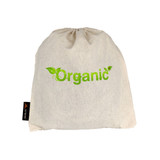 A natural fabric drawstring bag in cream colour featuring the word "Organic" in green lettering with leaf designs.