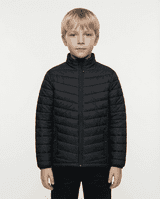 A black puffer jacket designed for kids, featuring a zip-up front and a stand collar.