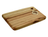 A wooden cheese board with a natural finish, featuring a rounded edge and a hole for hanging. It has a tag attached.