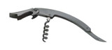 A drink bottle corkscrew and opener in a sleek, dark grey finish, featuring a logo on the handle.