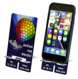 A smartphone stand featuring a colourful design with a logo, holding a phone displaying various apps.