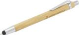 A bamboo pen with a silver clip, featuring a branding logo and a black rubber tip for comfort.
