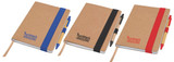 Three Enviro Notepads in brown with coloured elastic bands: blue, black, and red, each featuring a pen.