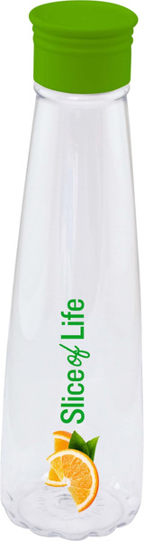 A drink bottle with a clear body and a green lid, featuring an illustration of a sliced orange.