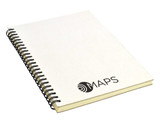 A white A5 notebook with a spiral binding and a logo on the cover, featuring lined pages inside.