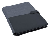A black and charcoal portfolio with a smooth cover and textured finish, featuring a closure flap.