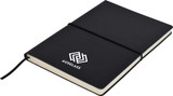 A black A5 notepad with a ribbon bookmark and an elastic closure, featuring a logo on the cover.