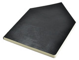 A black A5 notebook with a textured cover and a slight angle at one corner. It has a logo on the front.