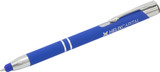 A blue stylus pen with a silver clip and branding on the barrel.