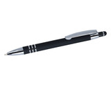 A black stylus pen with chrome accents and a sleek design, featuring a logo on the body.