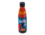 A drink bottle with an abstract design in blue, orange, and red, featuring a logo on the front.