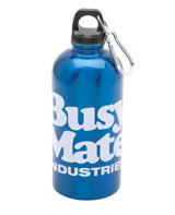 A drink bottle in vibrant blue with a black cap and a carabiner. It features bold branding on the side.