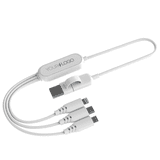 A white fast charging multi cable with three connectors, featuring a logo on the main unit.