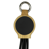 A 16.5cm recycled charging cable in black with a wooden keyring holder, featuring a circular base and multiple connectors.