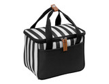 A striped black and white cooler bag with double handles and a zip closure, featuring a front pocket and a logo.
