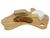 A bamboo cheese board in the shape of Australia with cheese, crackers, and cookies displayed on top.