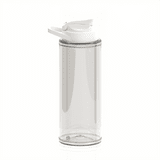 A drink bottle with a transparent body and a white flip lid, featuring a logo. Holds 800ml.