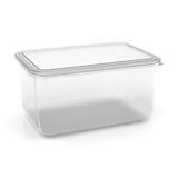 A clear, large rectangular food container with a transparent lid and smooth edges.