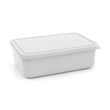 A small white lunch box with a flat, rectangular design and a lid, featuring a simple logo.