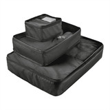 A set of three black packing cubes in various sizes, featuring mesh and zippered compartments.