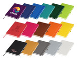 A collection of A5 notebooks in various colours, each with a decorative logo, displayed in a row.